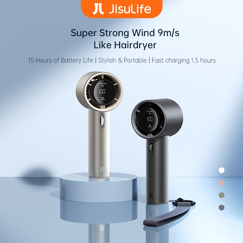 JISULIFE Portable Handheld Fan100 Gear Strong Wind Speed Metal Body Digital Display Adjustable