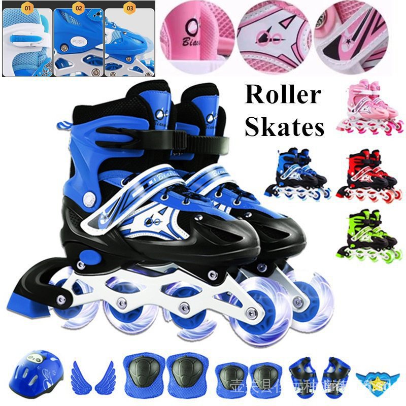 [In stock]Roller Skating Inline Skate Children's Kids Aldult Scooter Skating Adjustable Sizes Blade Bundle FULL LED Flashing Wheels College Students Beginner Roller Shoes Skates Se