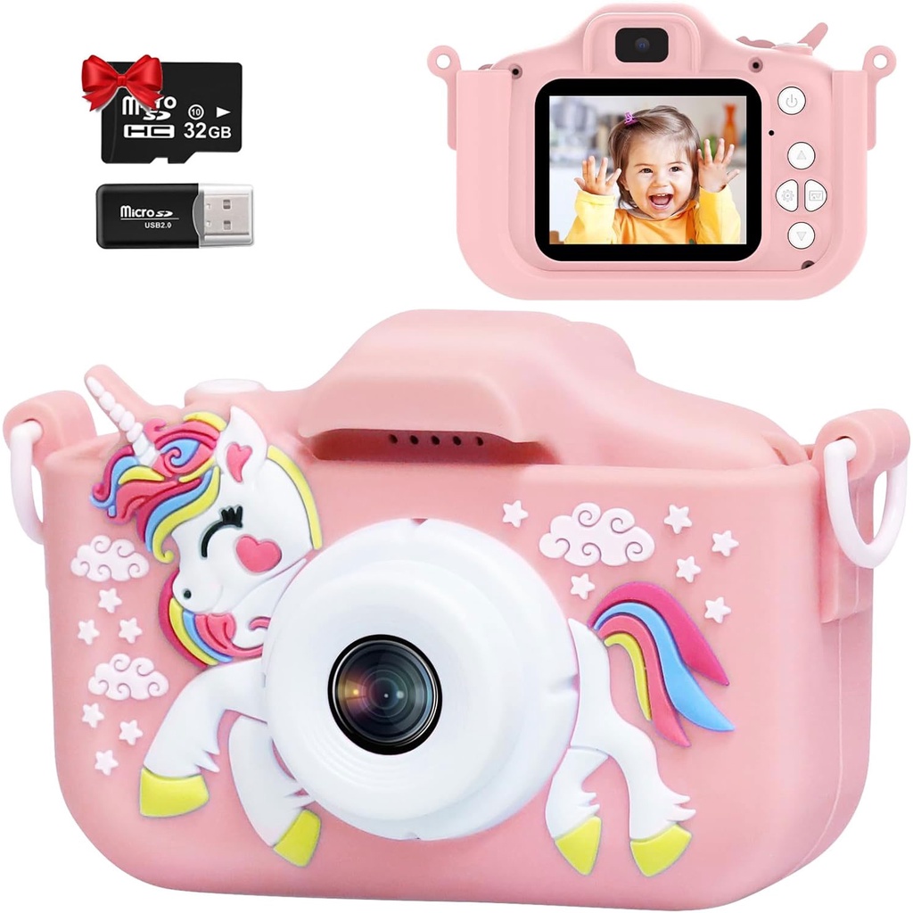 Kids Camera, 1080P Kids Digital Camera with 32GB TF Card,Unicorn Camera Cover/HD Video /5 Educational Games/8x Zoom/46 Photo Frames & Filters,Gifts for Boys Girls Age 3-8 (Pink)