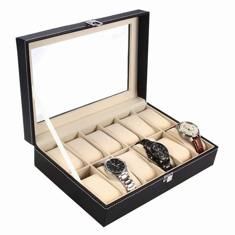 12 Slots Glass Top PVC  Watch Box Storage Case Jewelry Case Display Box Watch Case isplay Organizer Boxes / Sunglass Storage / Watch Travel Pouch
